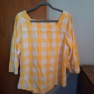 Time And Tru Yellow and White Checkered Women's Top 3/4 Sleeve Size L